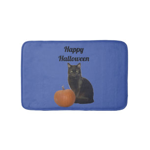 Black Cat and Pumpkin Happy Halloween Blue Bath Mat