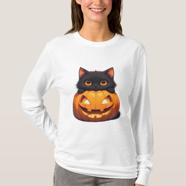 Black Cat and Pumpkin Patch Scene T-Shirt (Front)