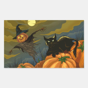 Black cat and pumpkin scarecrow rectangular sticker