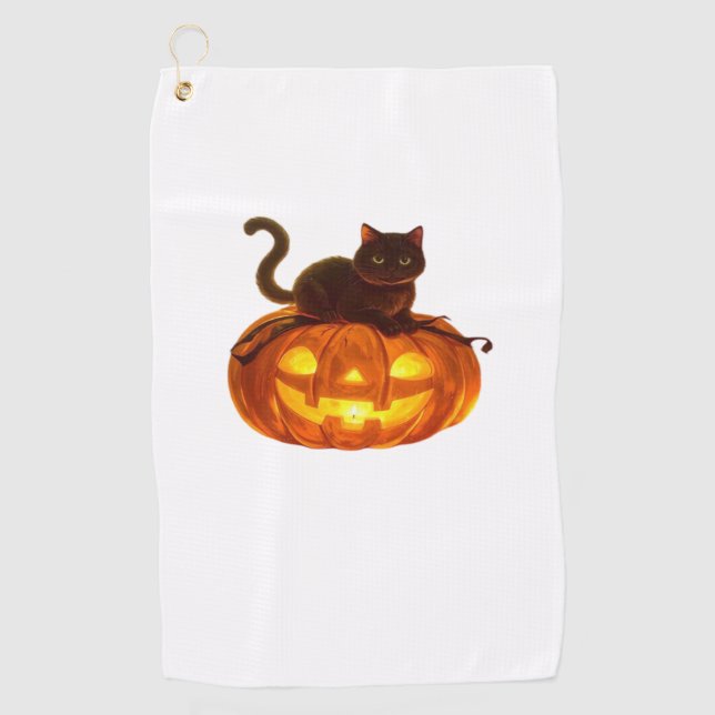 Black Cat and Pumpkin – Spooky Halloween Magic Cla Golf Towel (Front)