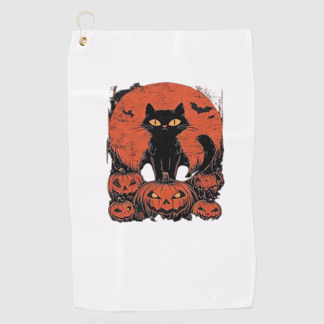 Black Cat and Pumpkins – Halloween T-Shirt Art Cla Golf Towel (Front)