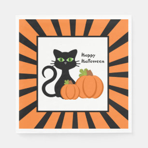 Black Cat and Pumpkins Happy Halloween Napkin