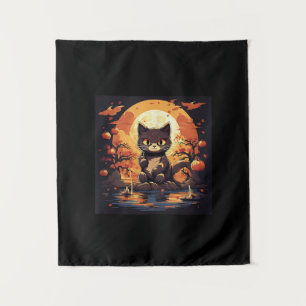 Black Cat and Pumpkins in Sakura Great Wave Tapestry