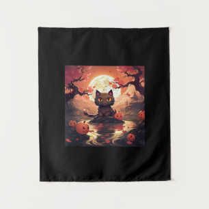 Black Cat and Pumpkins with Sakura Great Wave Tapestry