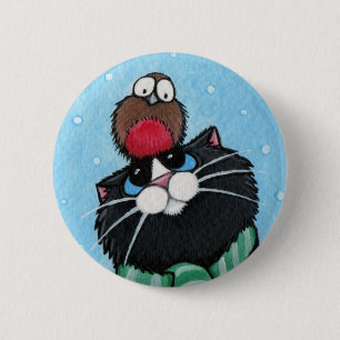 Black Cat and Robin - Xmas Cat Art Button