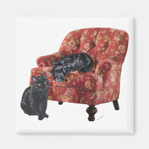 Black Cat and Scottish Terrier in a Red Chair Magnet