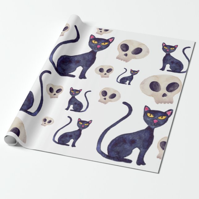 Black Cat And Skull Halloween Design Wrapping Paper (Unrolled)