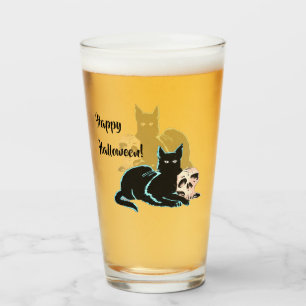 Black Cat and Skull Halloween Glass