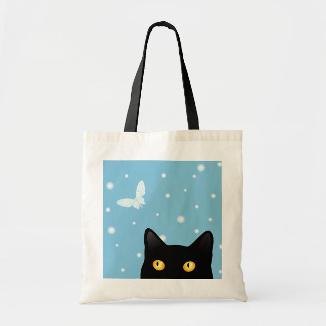 Black Cat and Snow Butterfly Tote Bag (Front)