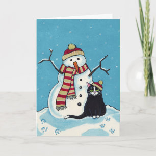 Black Cat and Snowman Christmas Card