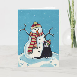 Black Cat and Snowman Christmas Card