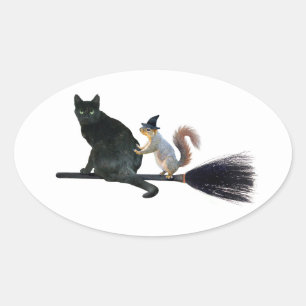 Black Cat and Squirrel on Broom Stickers