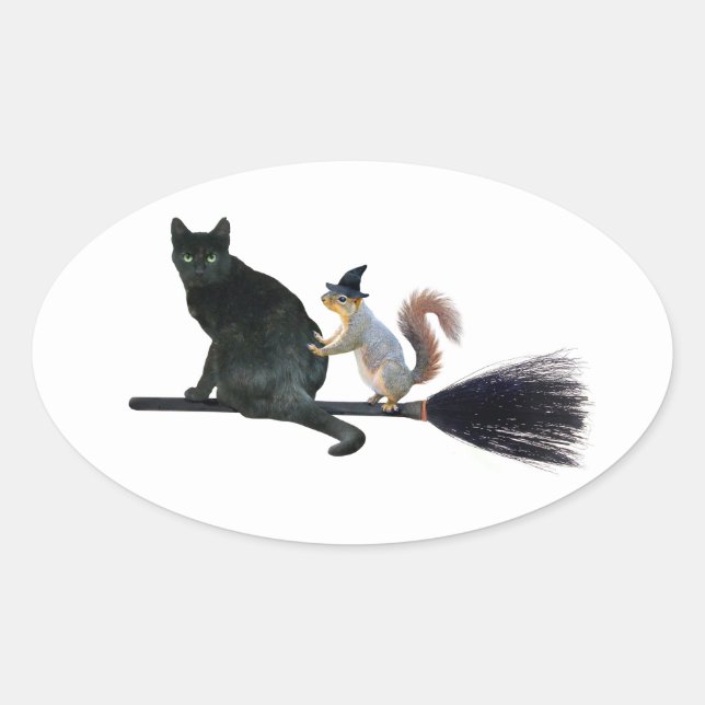 Black Cat and Squirrel on Broom Stickers (Front)