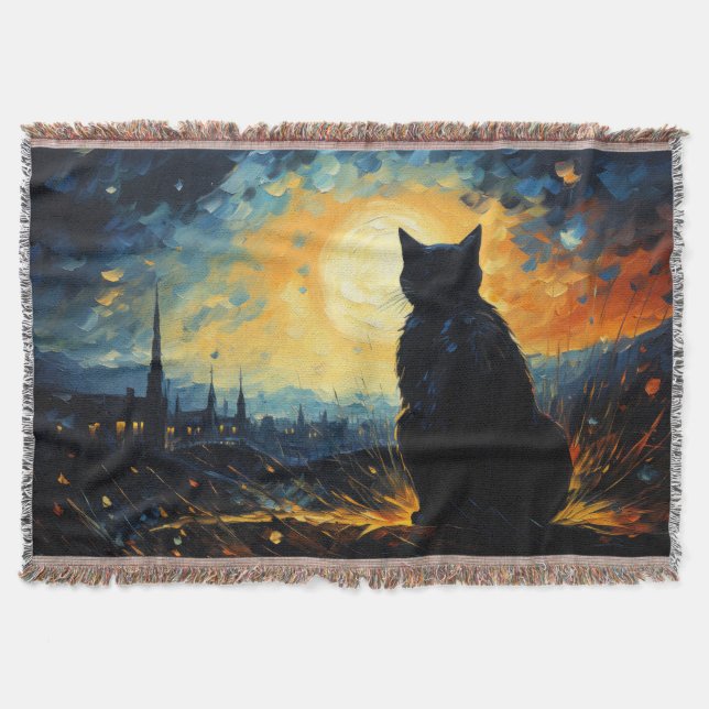 Black Cat and Starry Night Throw Blanket (Front)
