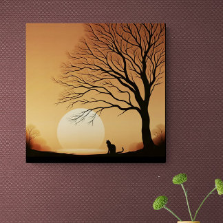Black Cat and Tree Silhouette in the Sun Set  Canv Canvas Print