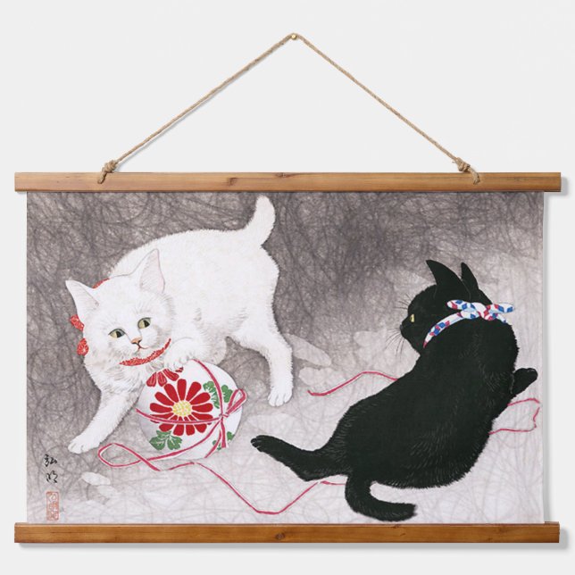 Black cat and White cat, Takahashi Shotei Hanging Tapestry (Front)
