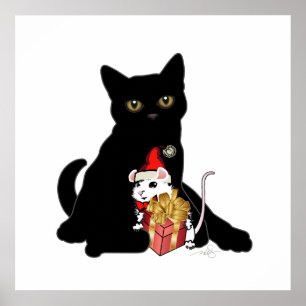 Black Cat and White Mouse Christmas Poster