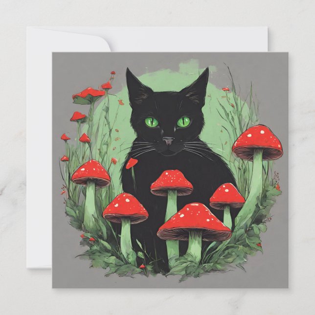 Black Cat and Wild Red Forest Mushrooms  Card (Front)