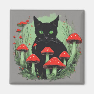 Black Cat and Wild Red Forest Mushrooms  Magnet