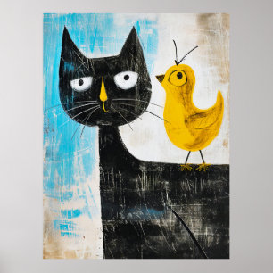 Black Cat and Yellow Bird – Whimsical Modern Art Poster