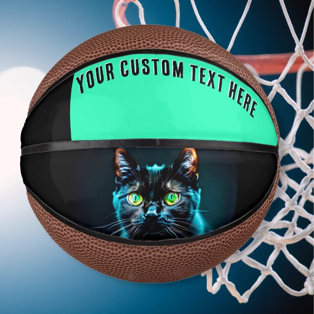 Black Cat Animal Picture Custom Mini Basketball (A mini basketball featuring a black cat with mesmerising green eyes and your own custom text)