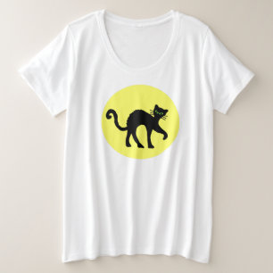Black Cat Arched Back Green Eyes Big Yellow Moon Plus Size T-Shirt