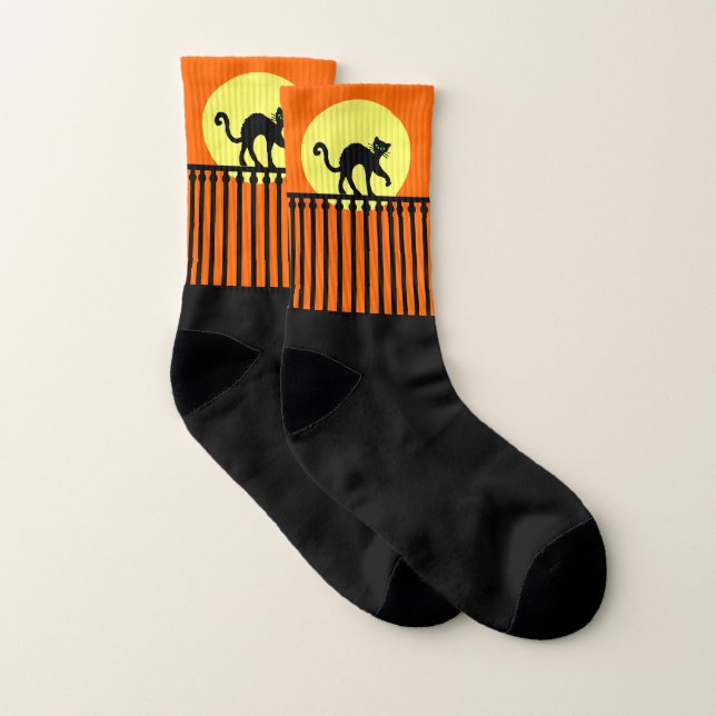 Black Cat Arched Back on Fence Moon Orange Socks (Pair)