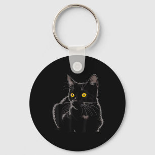 Black Cat Art Graphic With Yellow Eyes Cool Vintag Key Ring