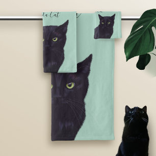 Black Cat Art Personalised Pet Name Bath Towel Set