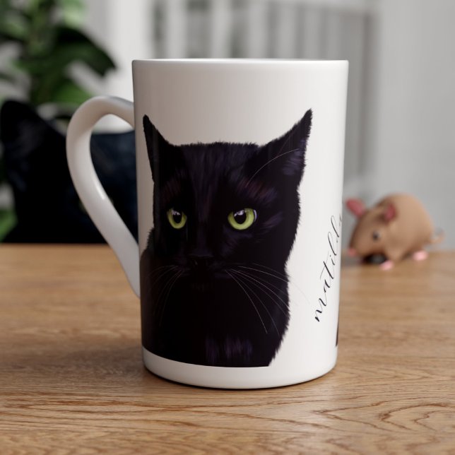Black Cat Art Personalised Pet Name Bone China Mug (A black cat slim bone china coffee mug with space for your name (or your black cat's))