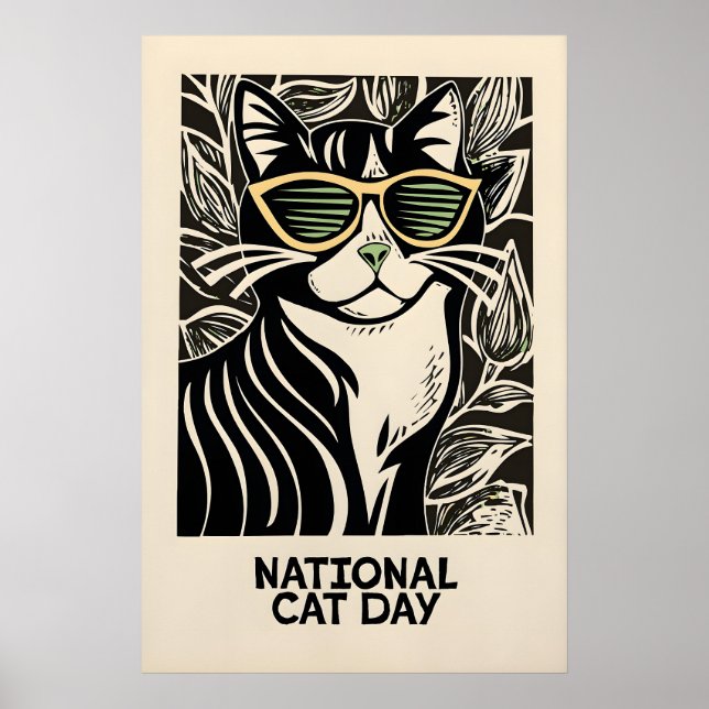 Black Cat Art Print Retro Whimsical Cat with (Front)