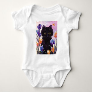 Black Cat Art Tulips Flowers Pink Creationarts Baby Bodysuit