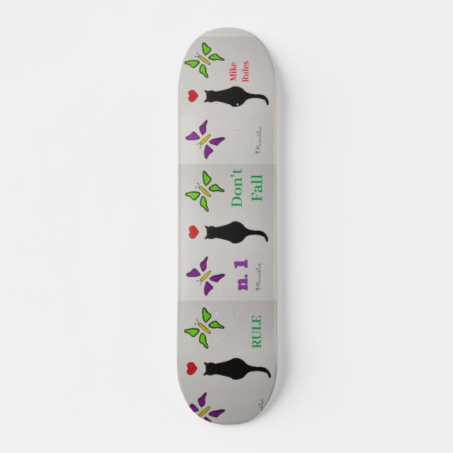 Black cat art with red heart and butterflies. skateboard (Front)