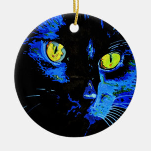 Black Cat Artistic Portrait With Striking Yellow E Ceramic Tree Decoration