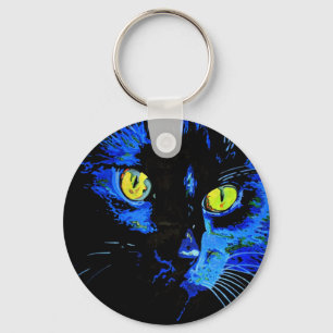 Black Cat Artistic Portrait With Striking Yellow E Key Ring