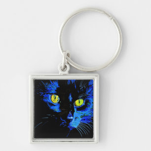 Black Cat Artistic Portrait With Striking Yellow E Key Ring