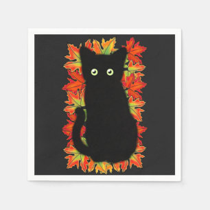 Black cat, Autumn leaves pattern, Halloween fun   Napkin