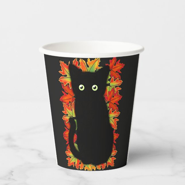 Black cat, Autumn leaves pattern, Halloween fun    Paper Cups (Front)