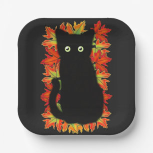 Black cat, Autumn leaves pattern, Halloween fun Paper Plate
