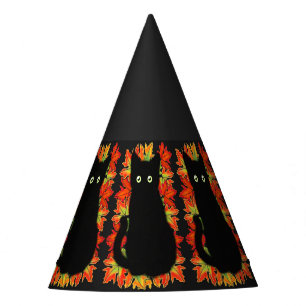 Black cat, Autumn leaves pattern, Halloween fun    Party Hat