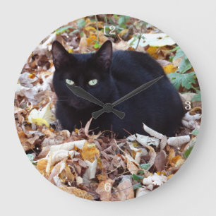 Black cat Autumn Photo Round (Large) Wall Clock