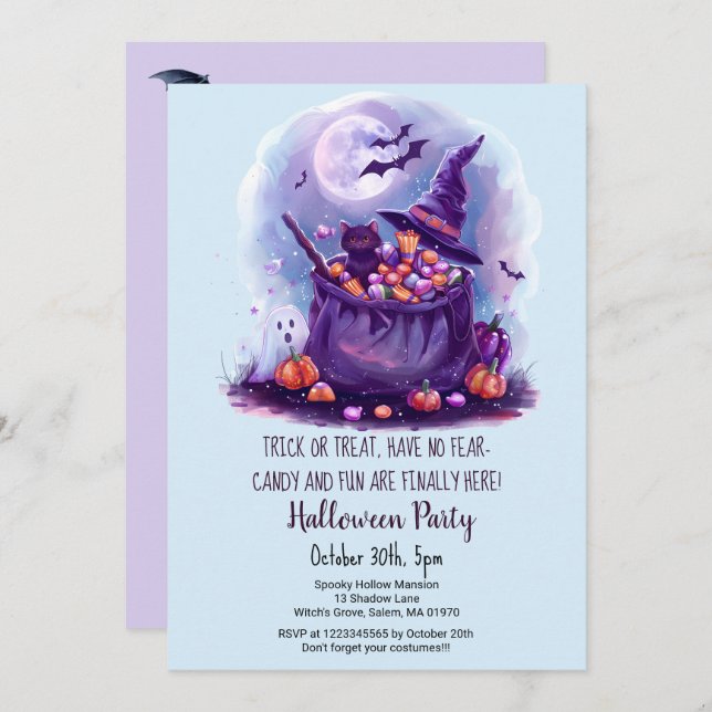 Black Cat Bag of Sweets Witch Hat Halloween party  Invitation (Front/Back)