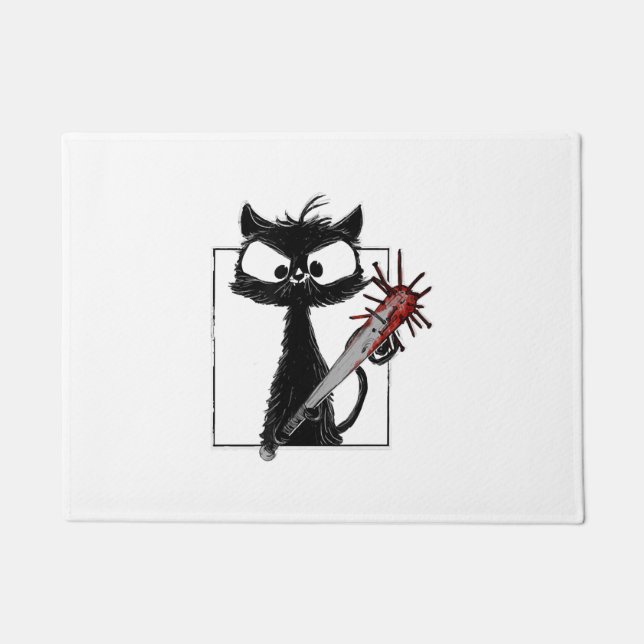 Black Cat Baseball Horror Halloween Doormat (Front)