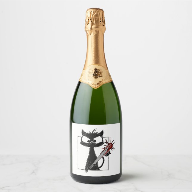Black Cat Baseball Horror Halloween Sparkling Wine Label (Front)