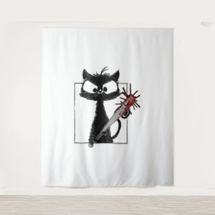 Black Cat Baseball Horror Halloween Tapestry