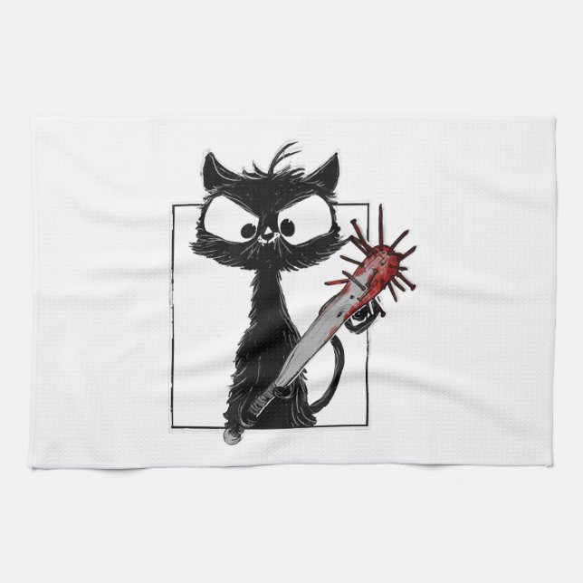 Black Cat Baseball Horror Halloween Tea Towel (Horizontal)