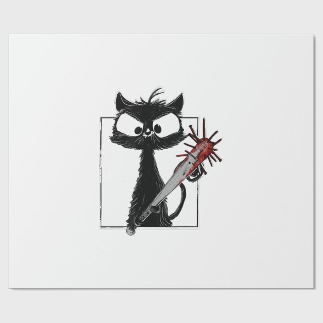 Black Cat Baseball Horror Halloween Wrapping Paper (Flat)