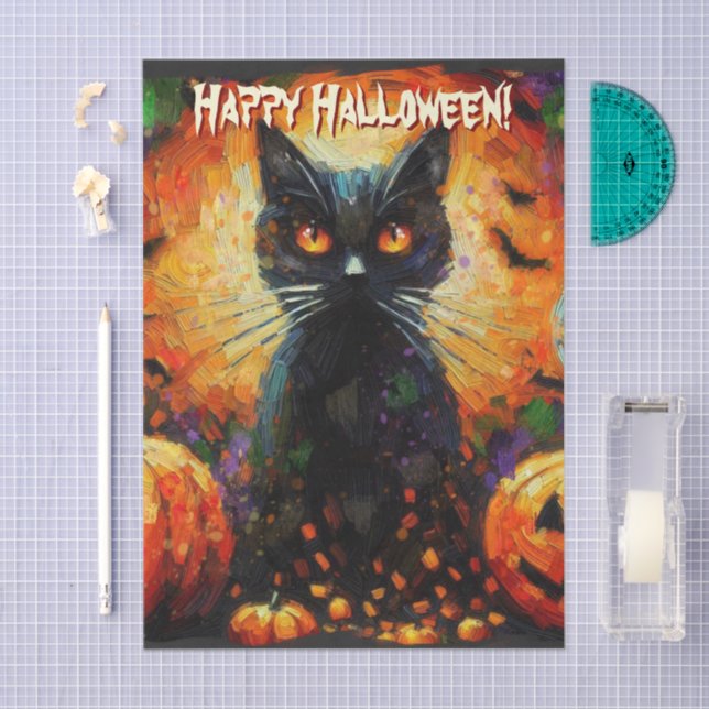 Black Cat Bats Pumpkins Personalised Decoupage Tissue Paper (Craft)