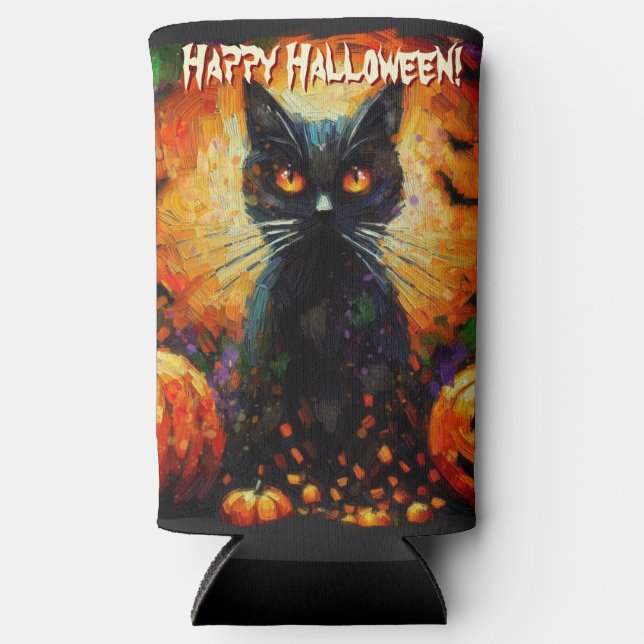 Black Cat Bats Pumpkins Whimsical Personalised Seltzer Can Cooler (Front)