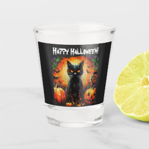 Black Cat Bats Pumpkins Whimsical Personalised Shot Glass